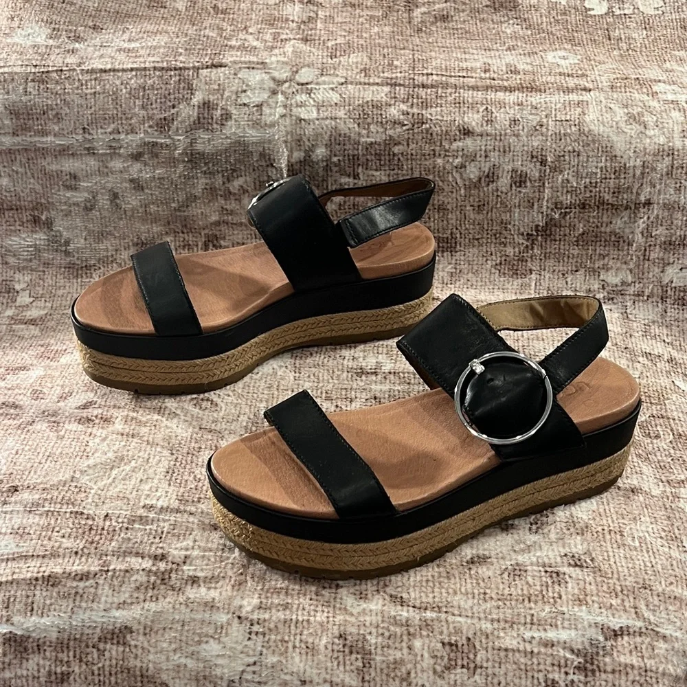 UGG Black Leather Espadrille Platform Sandals with Buckle - Picture 4 of 12